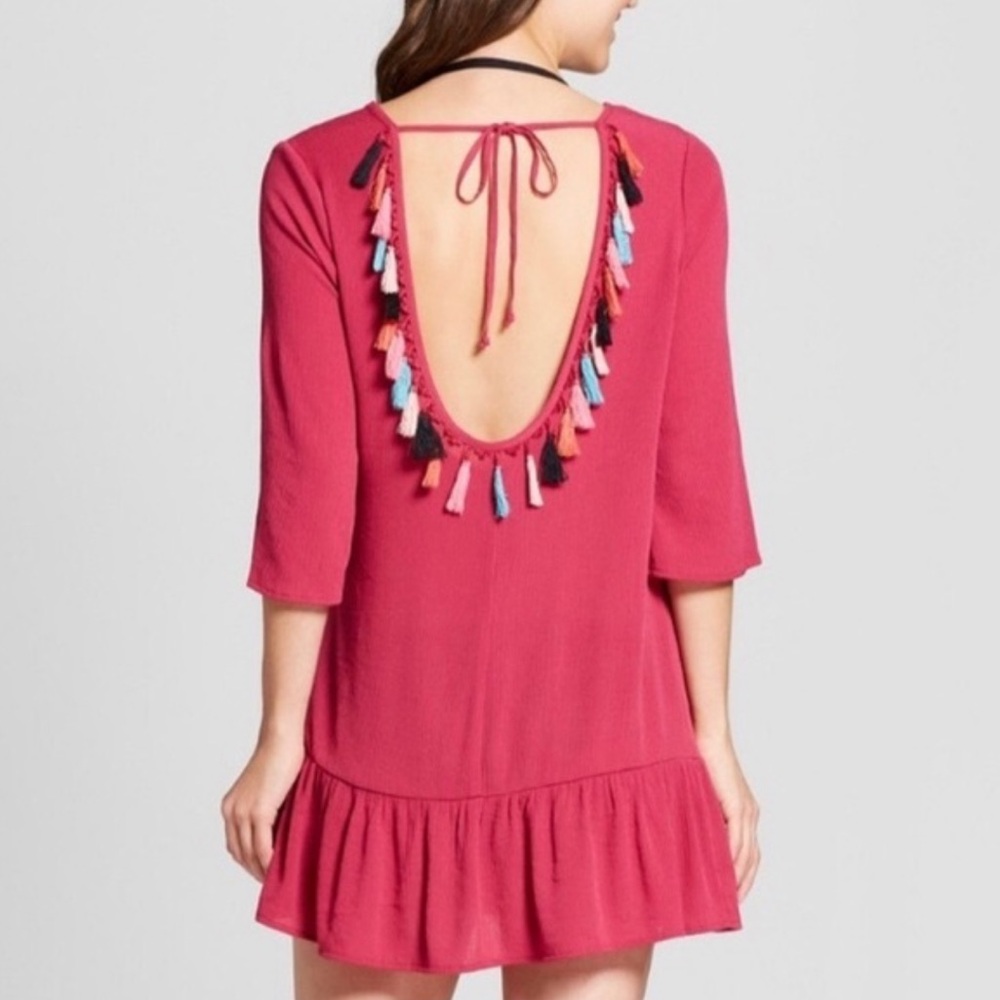 Open-Back Tassel Trim Swim Coverup Dress